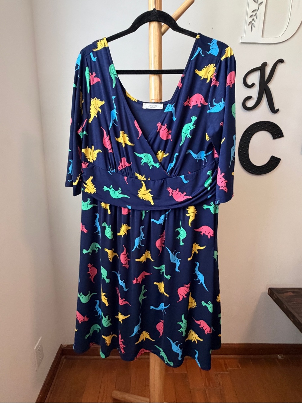 ModCloth Jessy B Navy Blue Dinosaur Print Faux Wrap Dress Women’s Size XL